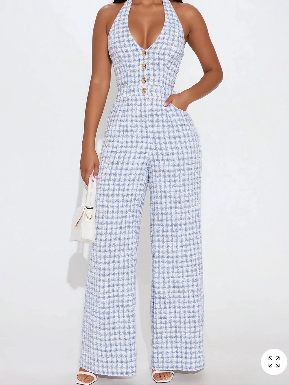 Fashion Nova Blue Houndstooth Halter Wide-Leg Jumpsuit